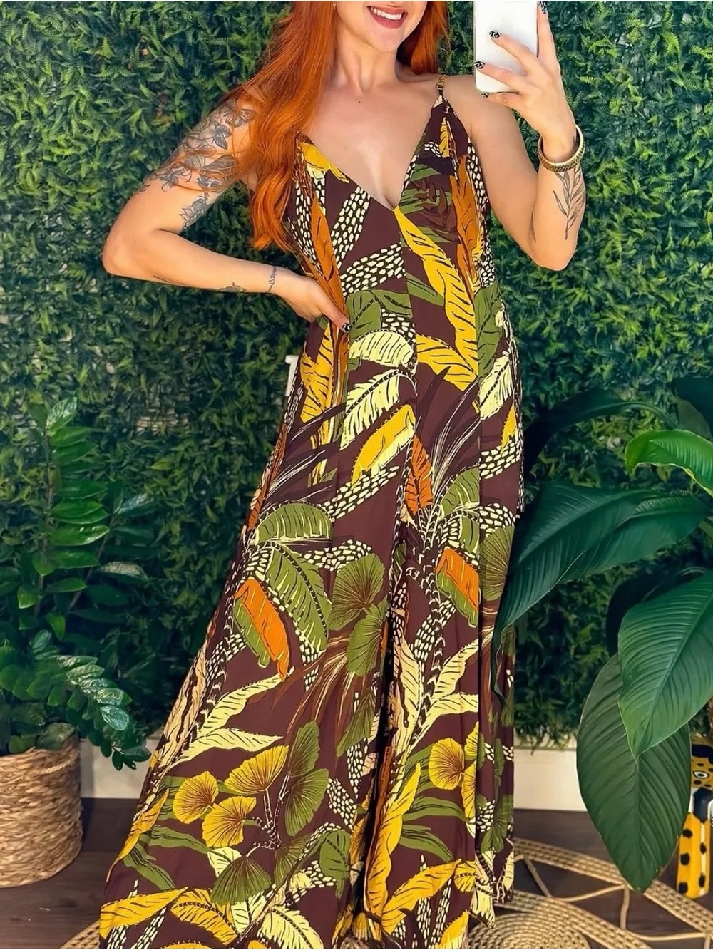 FARM Rio Brown, Green & Yellow Wide-Leg Jumpsuit Size M